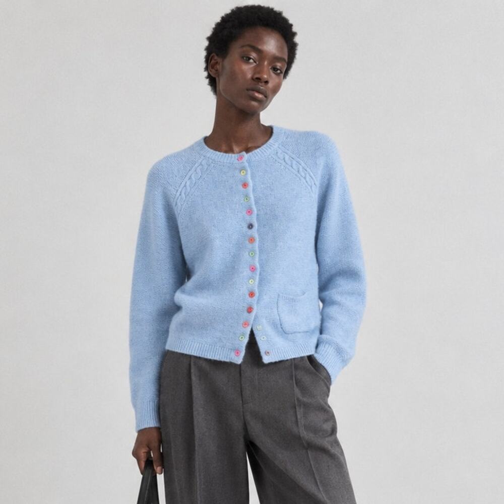 Heyton Blue Lambswool Blend Buttoned Long Sleeve Cardigan, size S